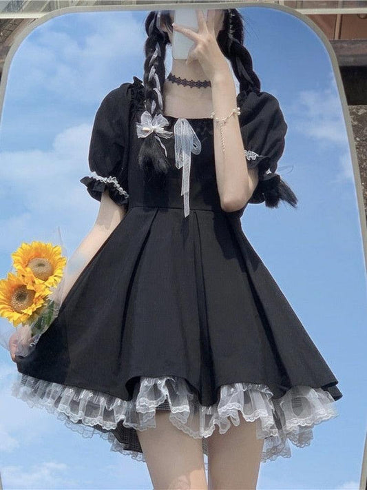 Lace Black Puff Sleeve Short Dress.