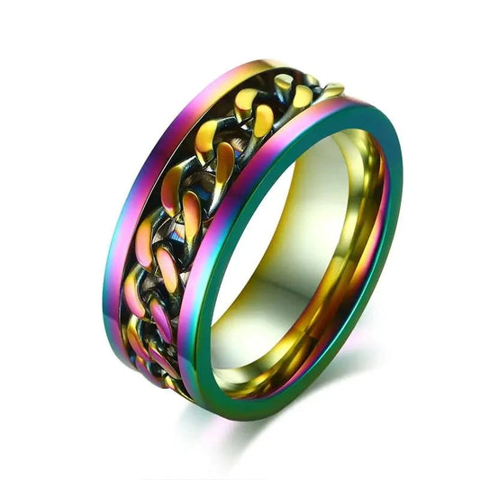 Multicolored Stainless Steel Weaved Interactive Spinner Ring.