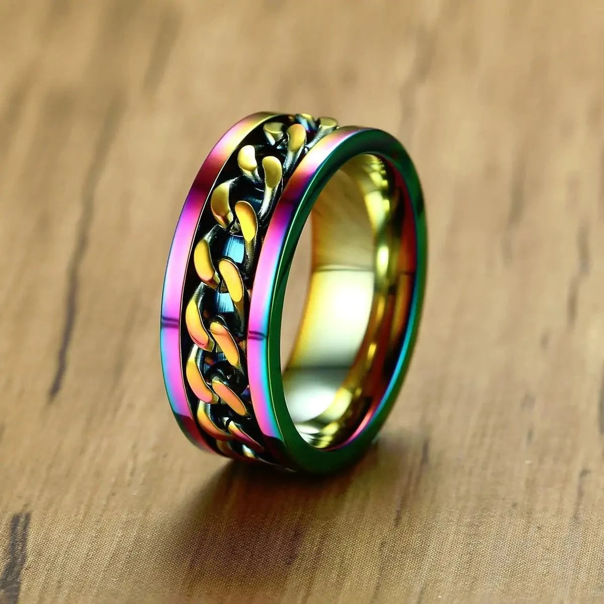 Multicolored Stainless Steel Weaved Interactive Spinner Ring.