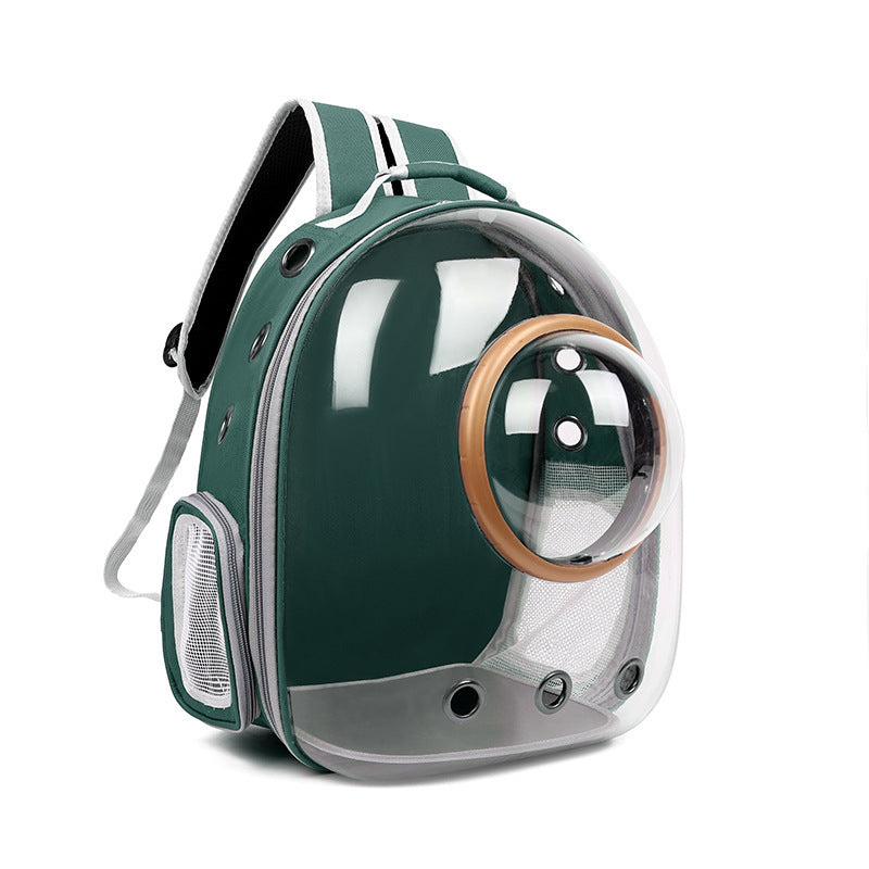 Pet carrier backpack for Revolutionize Pet Travel in dark green and gray, with a clear dome capsule and round porthole.