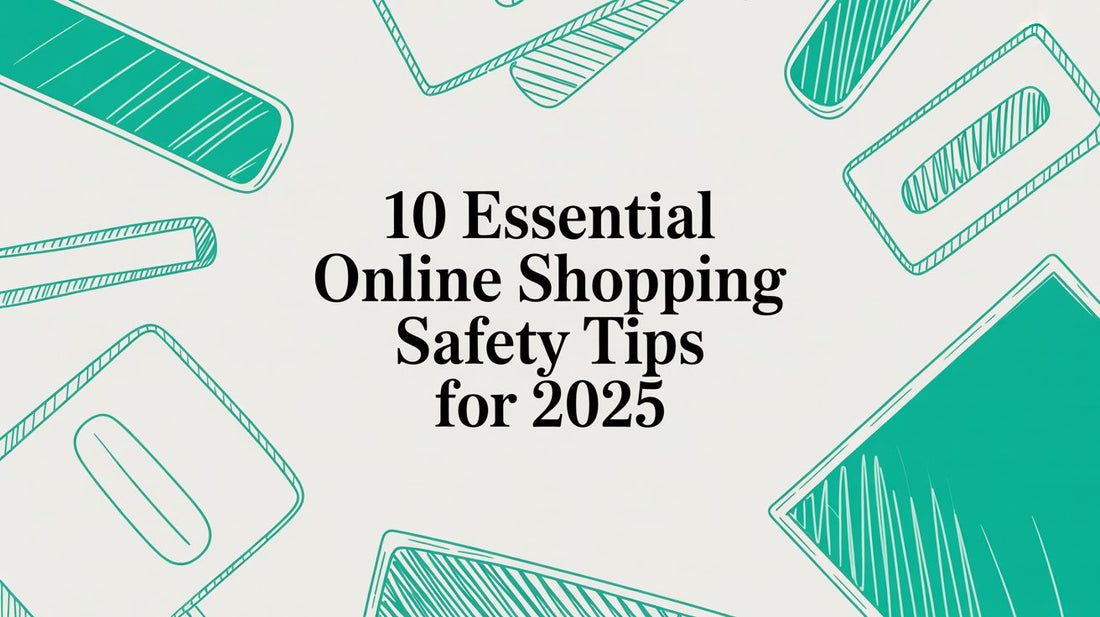 Article title graphic with black text reading “10 Essential Online Shopping Safety Tips for 2025” and teal line-art shopping icons on a pale background.