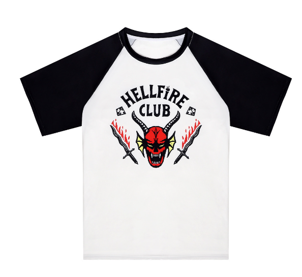 Hellfire Club T Shirt with a white body, black raglan sleeves, and a bold red devil graphic with crossed swords.