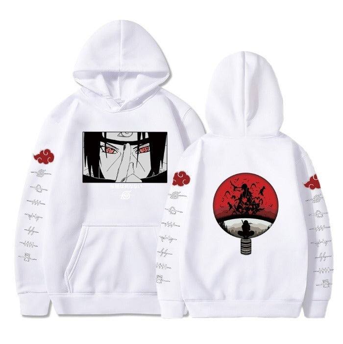Sharingan Shadows white printed hoodie with front and back anime graphics, red cloud sleeve motifs, and a kangaroo pocket.