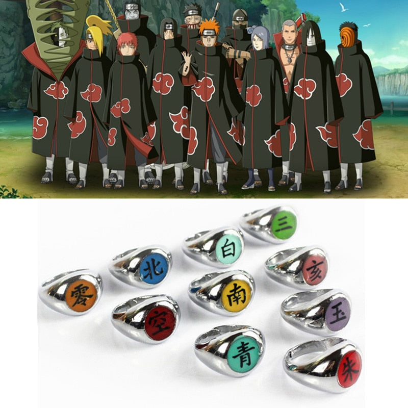 Naruto Cosplay Kage rings in polished silver-tone metal, featuring colorful circular faces with engraved symbols.