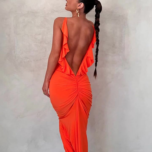 Open Back V-Neck Hip Strap Dress
