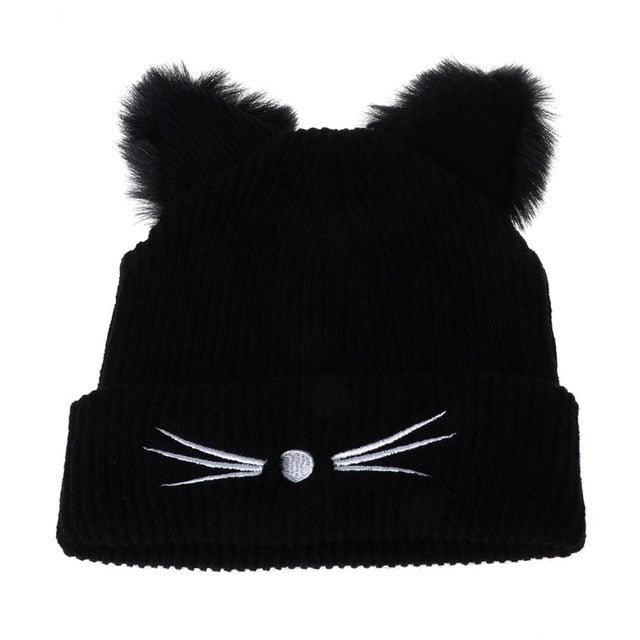 Feline Elegance: Women's Knitted Cat Ears Winter Hat
