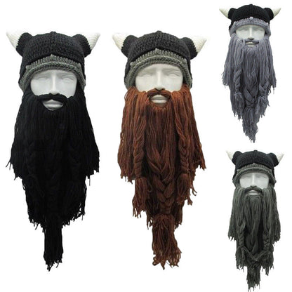Viking Warrior's Beard:  Men's Knitted Horn Hat Ski Mask