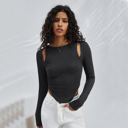 Chic Mystique Fashion Designer Cut Shirt Hollow Round Neck Knitted Long Sleeve Top