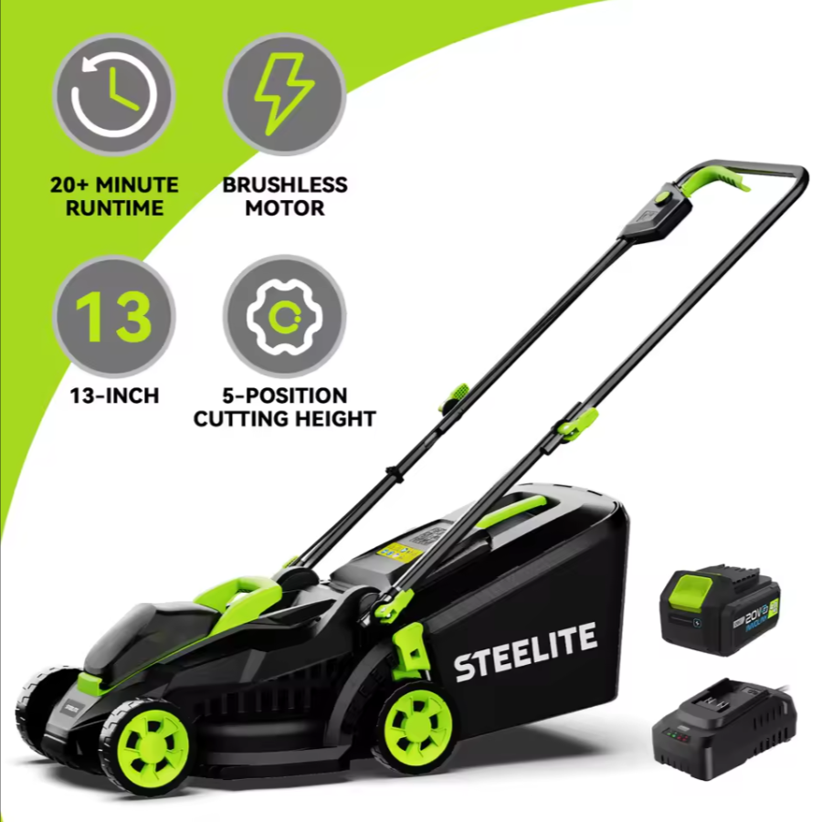 Deli 13" Cordless Electric 2 in 1 Lawn Mower Brushless, 21V 4.0Ah Battery
