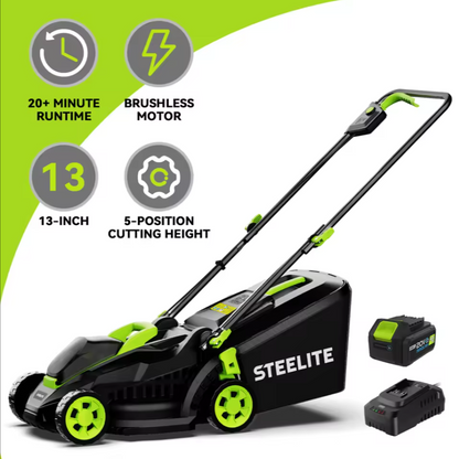 Deli 13" Cordless Electric 2 in 1 Lawn Mower Brushless, 21V 4.0Ah Battery