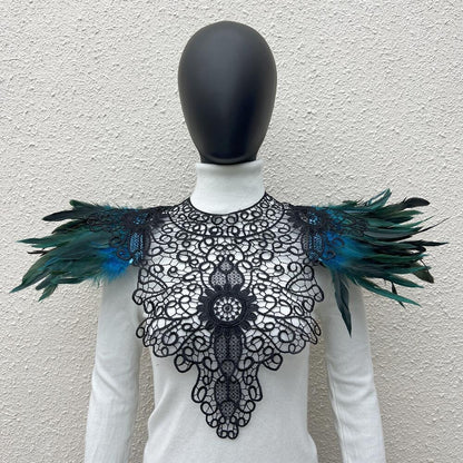 Lace Noir: Gothic Feather Shawl with Intricate Embroidery