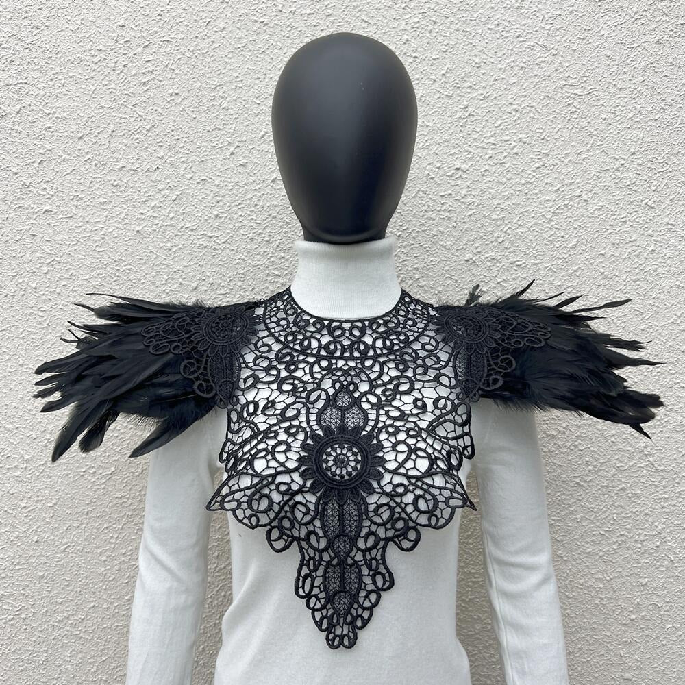 Lace Noir: Gothic Feather Shawl with Intricate Embroidery