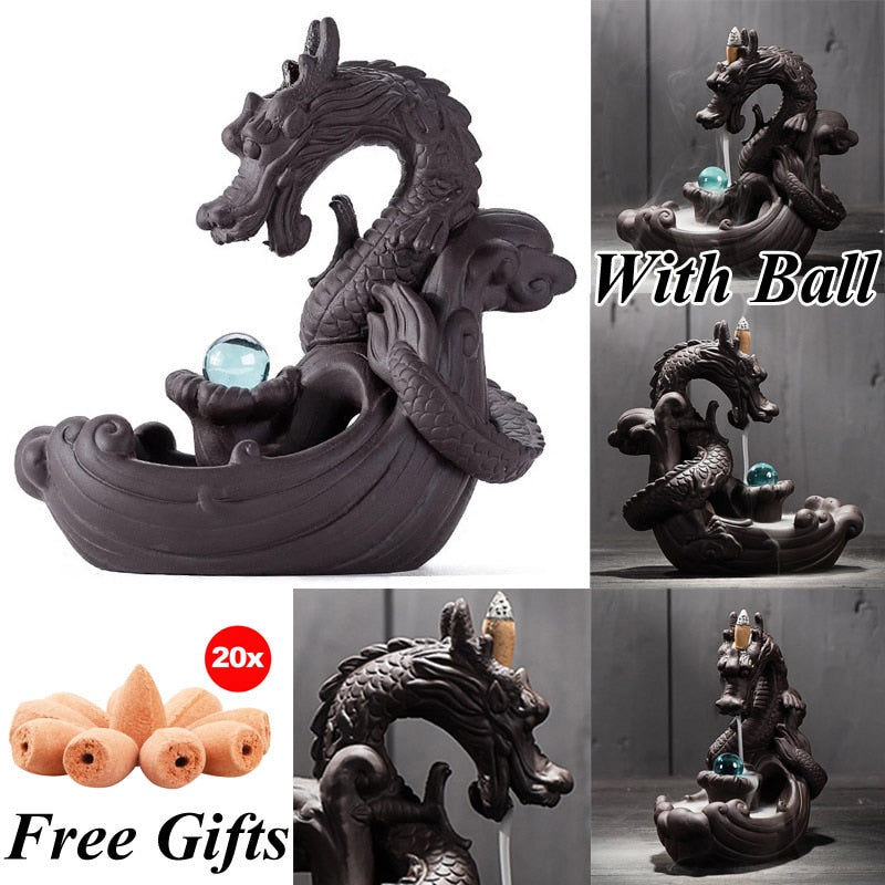 Lucky Dragon - Backflow Incense Burner w/ Crystal Ball + Incense Cones