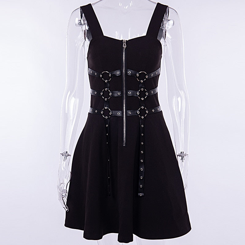 Grunge Harajuku Web Zipper Black Mini Dress