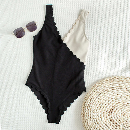 Chic Contrast Scalloped High Cut One Piece Women's Swimsuit