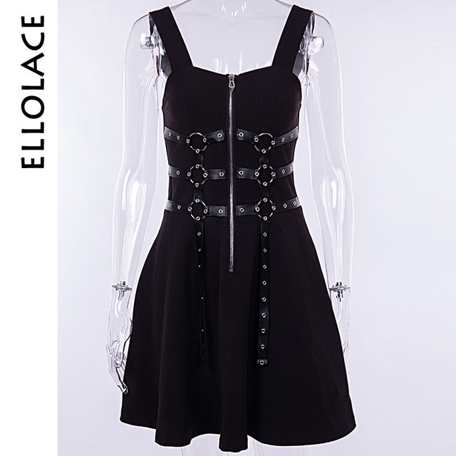 Grunge Harajuku Web Zipper Black Mini Dress
