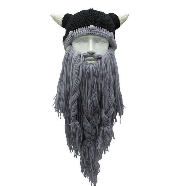 Viking Warrior's Beard:  Men's Knitted Horn Hat Ski Mask