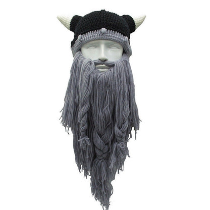 Viking Warrior's Beard:  Men's Knitted Horn Hat Ski Mask