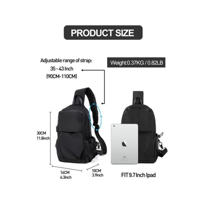 Urban Essentials Sleek Black Cross Shoulder Strap Pack with USB Capabilities Cross Chest Bag