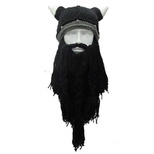 Viking Warrior's Beard:  Men's Knitted Horn Hat Ski Mask