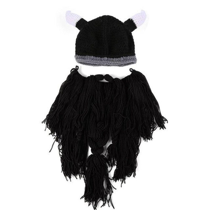 Viking Warrior's Beard:  Men's Knitted Horn Hat Ski Mask