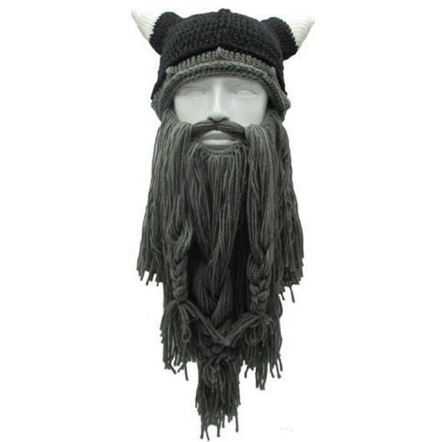 Viking Warrior's Beard:  Men's Knitted Horn Hat Ski Mask
