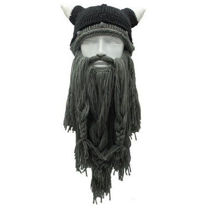 Viking Warrior's Beard:  Men's Knitted Horn Hat Ski Mask
