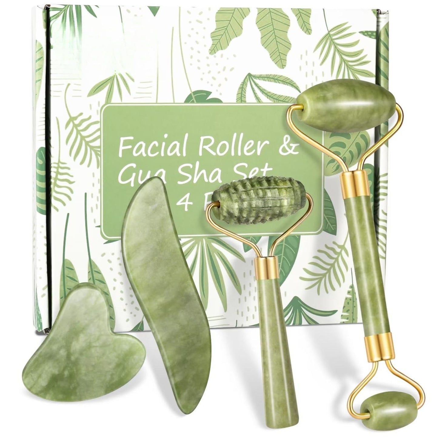 Charmonic Jade Roller & Gua Sha Set 4pcs – Face Sculpting, Anti-Aging Massage Tools for Glass Skin, Lymphatic Drainage & Glow