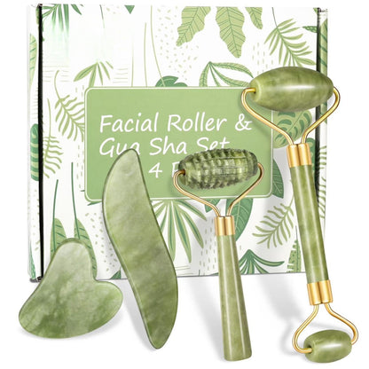 Charmonic Jade Roller & Gua Sha Set 4pcs – Face Sculpting, Anti-Aging Massage Tools for Glass Skin, Lymphatic Drainage & Glow