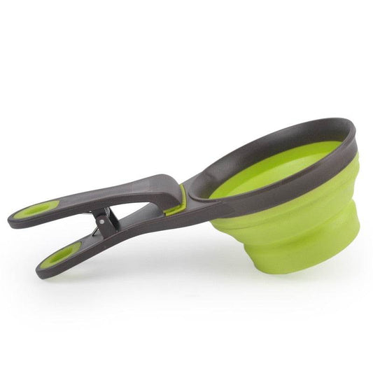 Multifunctional Folding Silicone Dog Bowl Portable Pet Food Container Measuring Cup, Spoon & Storage.