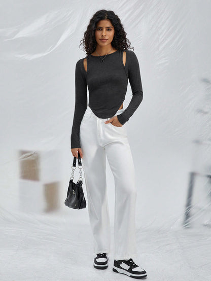 Chic Mystique Fashion Designer Cut Shirt Hollow Round Neck Knitted Long Sleeve Top