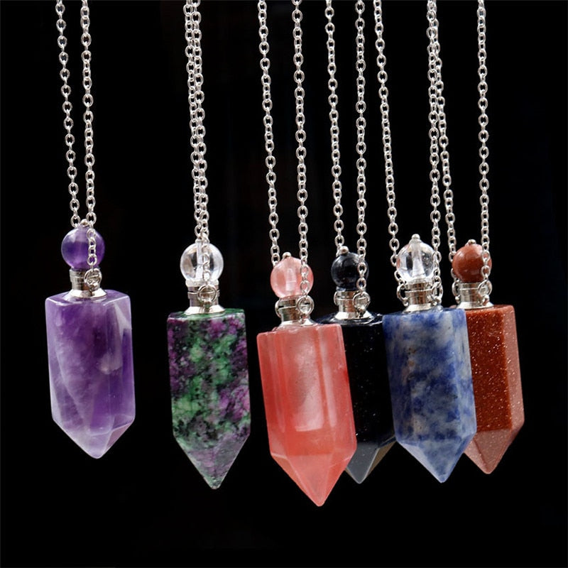 Perfume Bottle Pendant Necklace - Various Natural Crystals