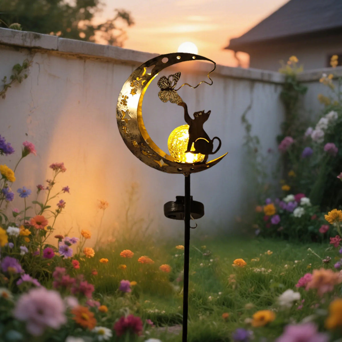 Cat Moon Solar Garden Lamp – Outdoor Iron Decorative Light with Auto Sensor