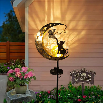 Cat Moon Solar Garden Lamp – Outdoor Iron Decorative Light with Auto Sensor