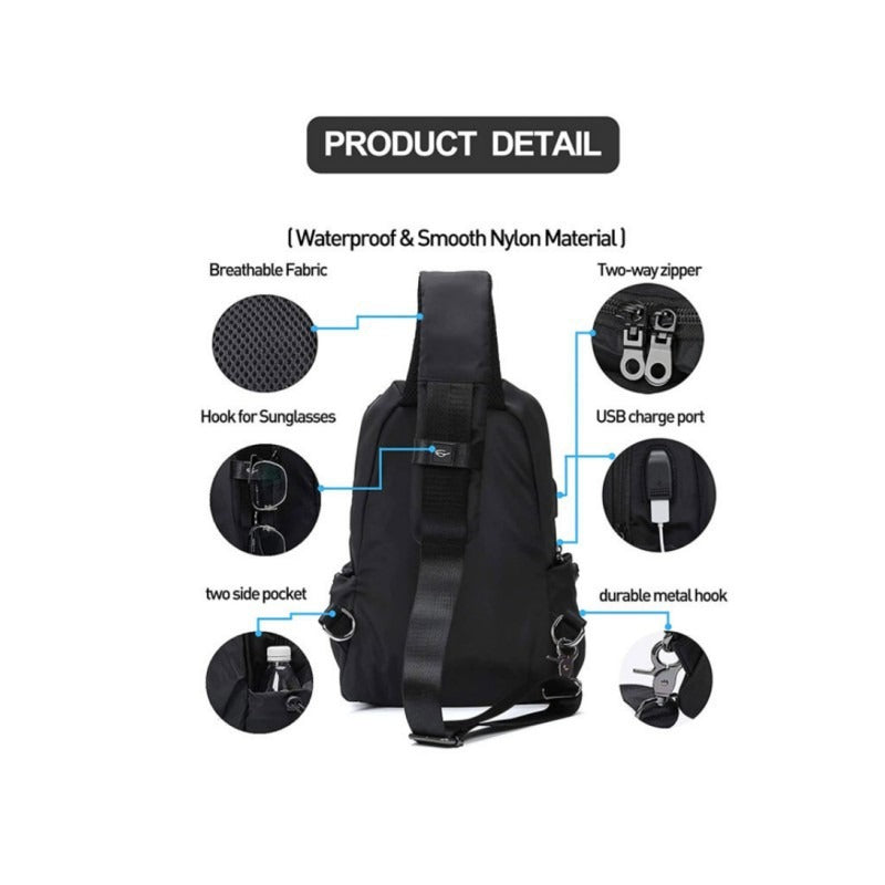 Urban Essentials Sleek Black Cross Shoulder Strap Pack with USB Capabilities Cross Chest Bag