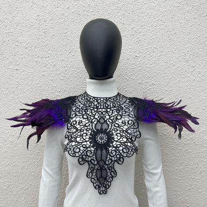 Lace Noir: Gothic Feather Shawl with Intricate Embroidery