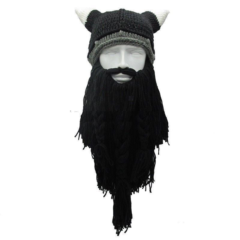 Viking Warrior's Beard:  Men's Knitted Horn Hat Ski Mask