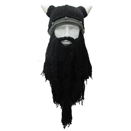Viking Warrior's Beard:  Men's Knitted Horn Hat Ski Mask