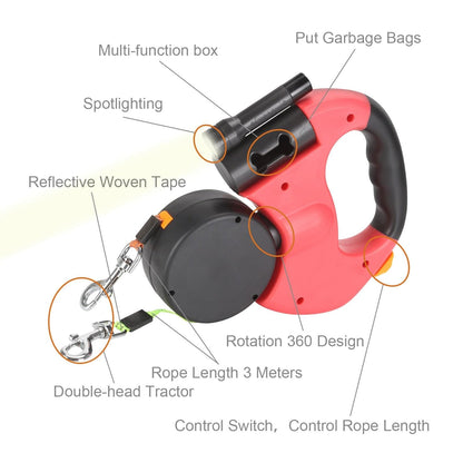 Retractable Dual Double Pet Rope Leash Tangle Free Walk For Two Dogs.
