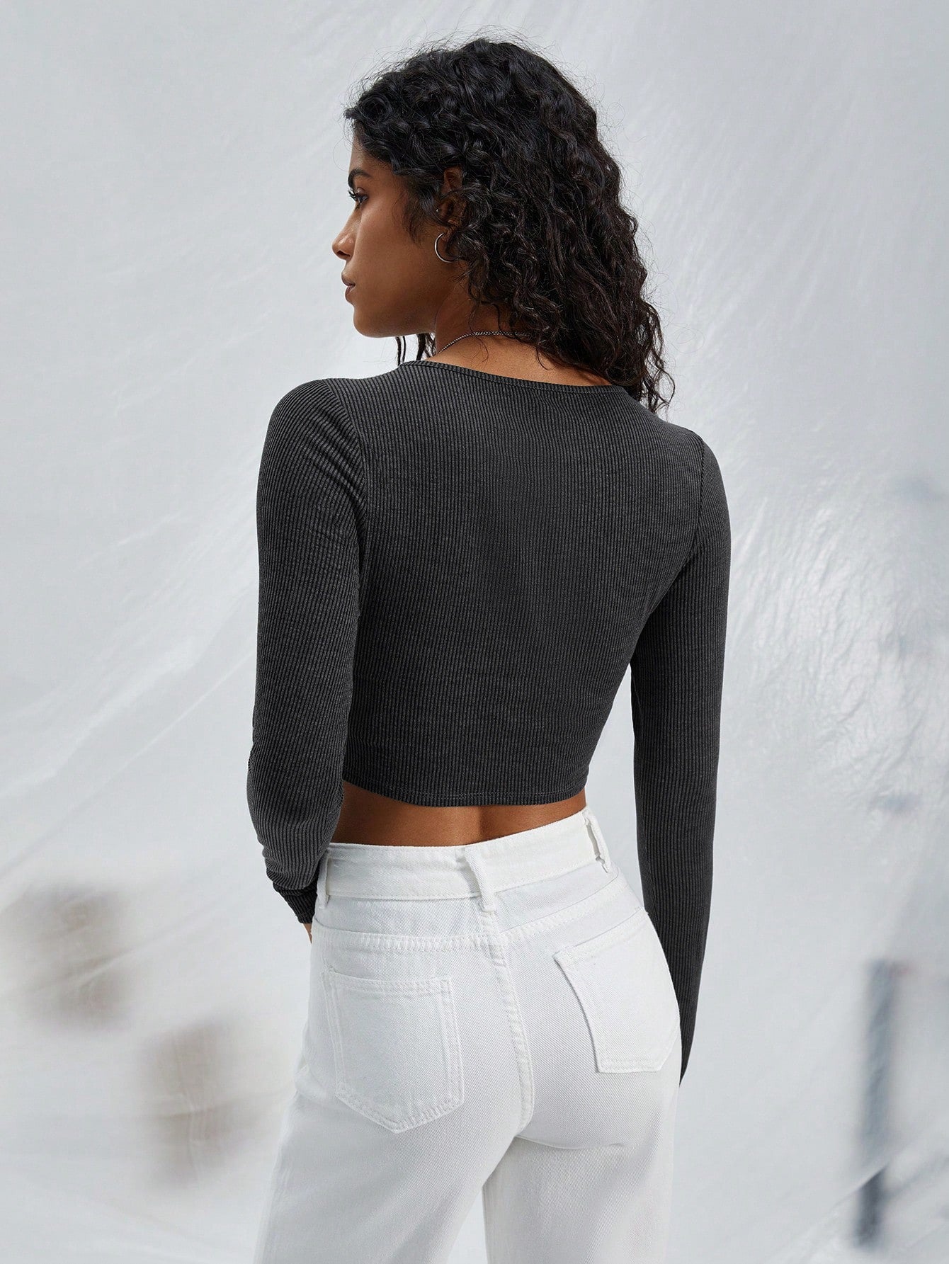 Chic Mystique Fashion Designer Cut Shirt Hollow Round Neck Knitted Long Sleeve Top