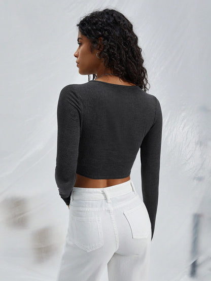 Chic Mystique Fashion Designer Cut Shirt Hollow Round Neck Knitted Long Sleeve Top