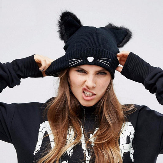 Feline Elegance: Women's Knitted Cat Ears Winter Hat
