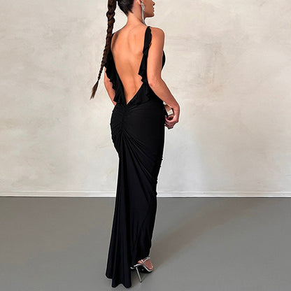 Open Back V-Neck Hip Strap Dress