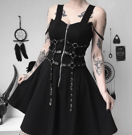 Grunge Harajuku Web Zipper Black Mini Dress
