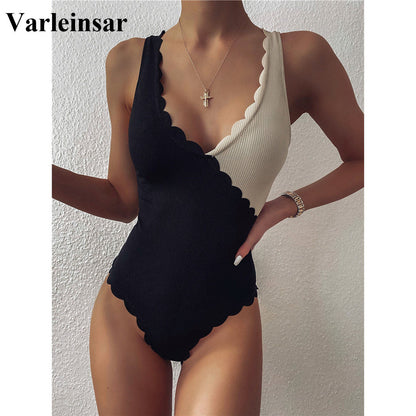 Chic Contrast Scalloped High Cut One Piece Women's Swimsuit