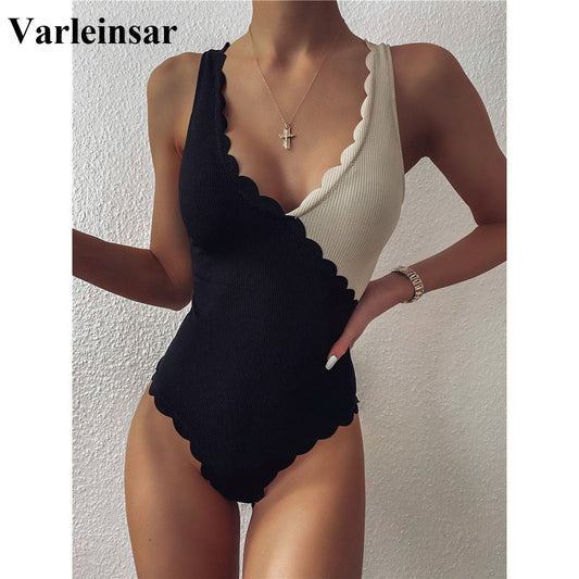Chic Contrast Scalloped High Cut One Piece Women's Swimsuit