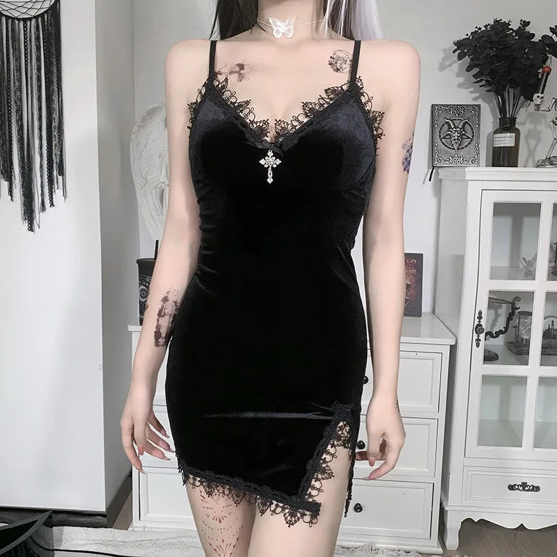 Gothic Black Lace Slit Mini Dress with Cross Detail and Spaghetti Straps