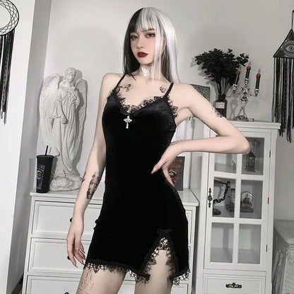 Gothic Black Lace Slit Mini Dress with Cross Detail and Spaghetti Straps