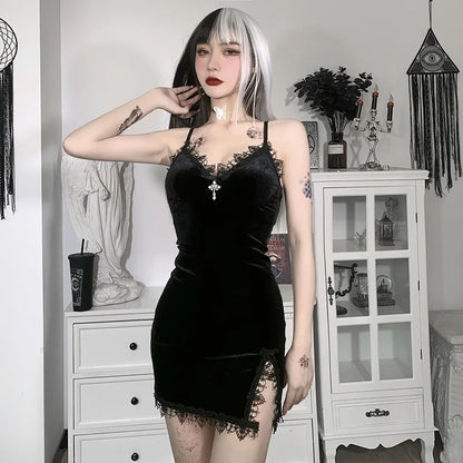 Gothic Black Lace Slit Mini Dress with Cross Detail and Spaghetti Straps
