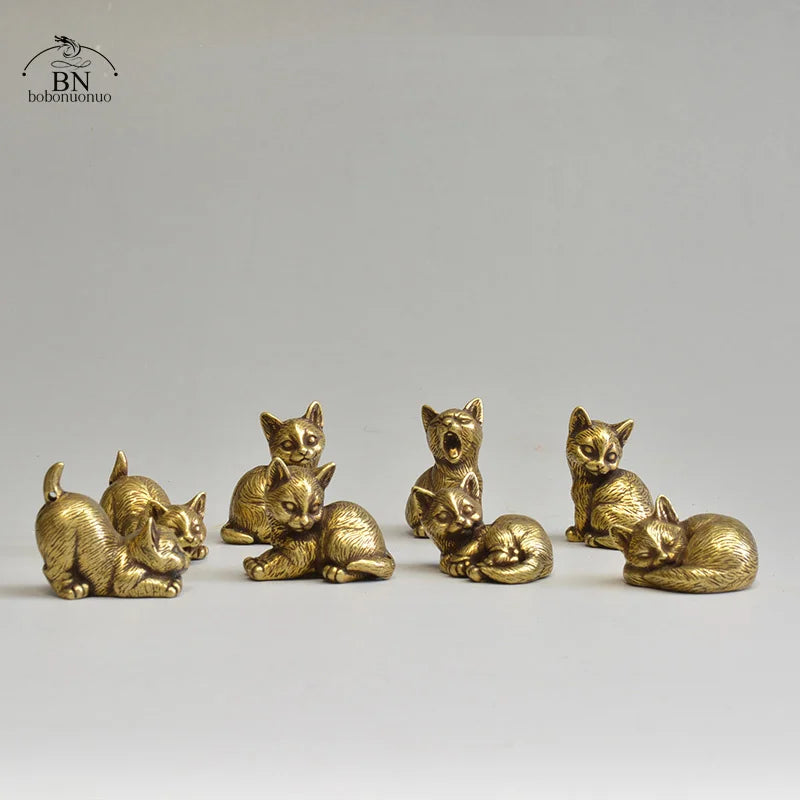 Brass Cat Figurines Miniature Desktop Ornaments Small Animal Tea Pet Home Decor